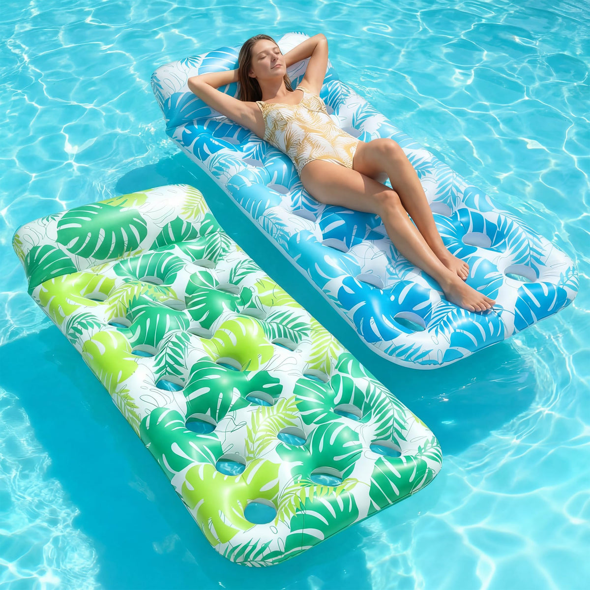 FindUWill inflatable pool float lounger with headrest for relaxing in the sun.