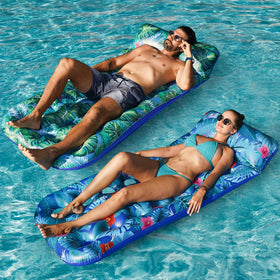 FindUWill inflatable pool floats with Monstera Blue headrest for relaxed support in water.
