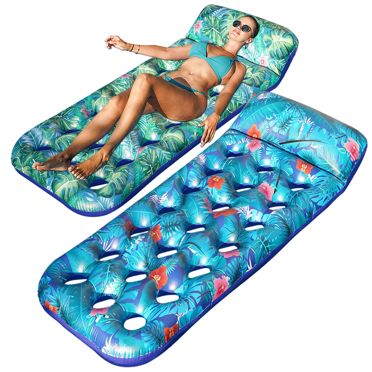 FindUWill inflatable pool floats with Monstera Green headrest for comfortable lounging.
