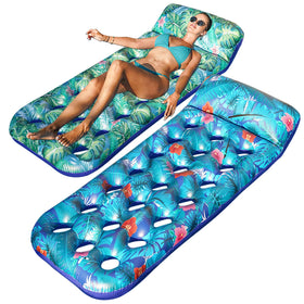 FindUWill inflatable pool floats with Monstera Green headrest for comfortable lounging.