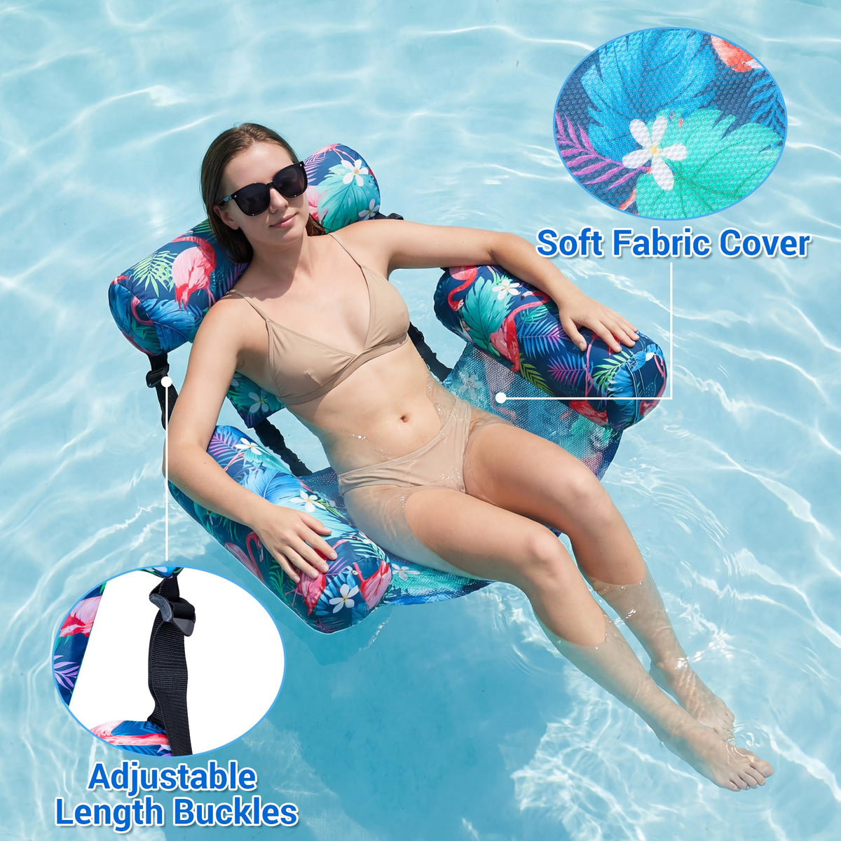 FindUWill pool float chair shows ergonomic 32x18x24 inch design for comfortable lounging.