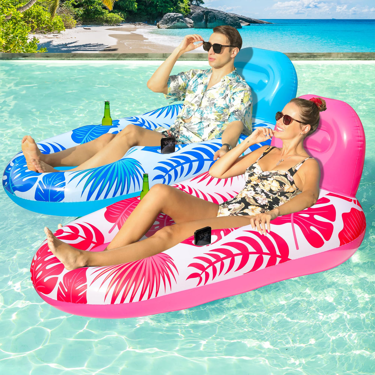 FindUWill pool floats two-pack in blue and red, side view for shared relaxation.