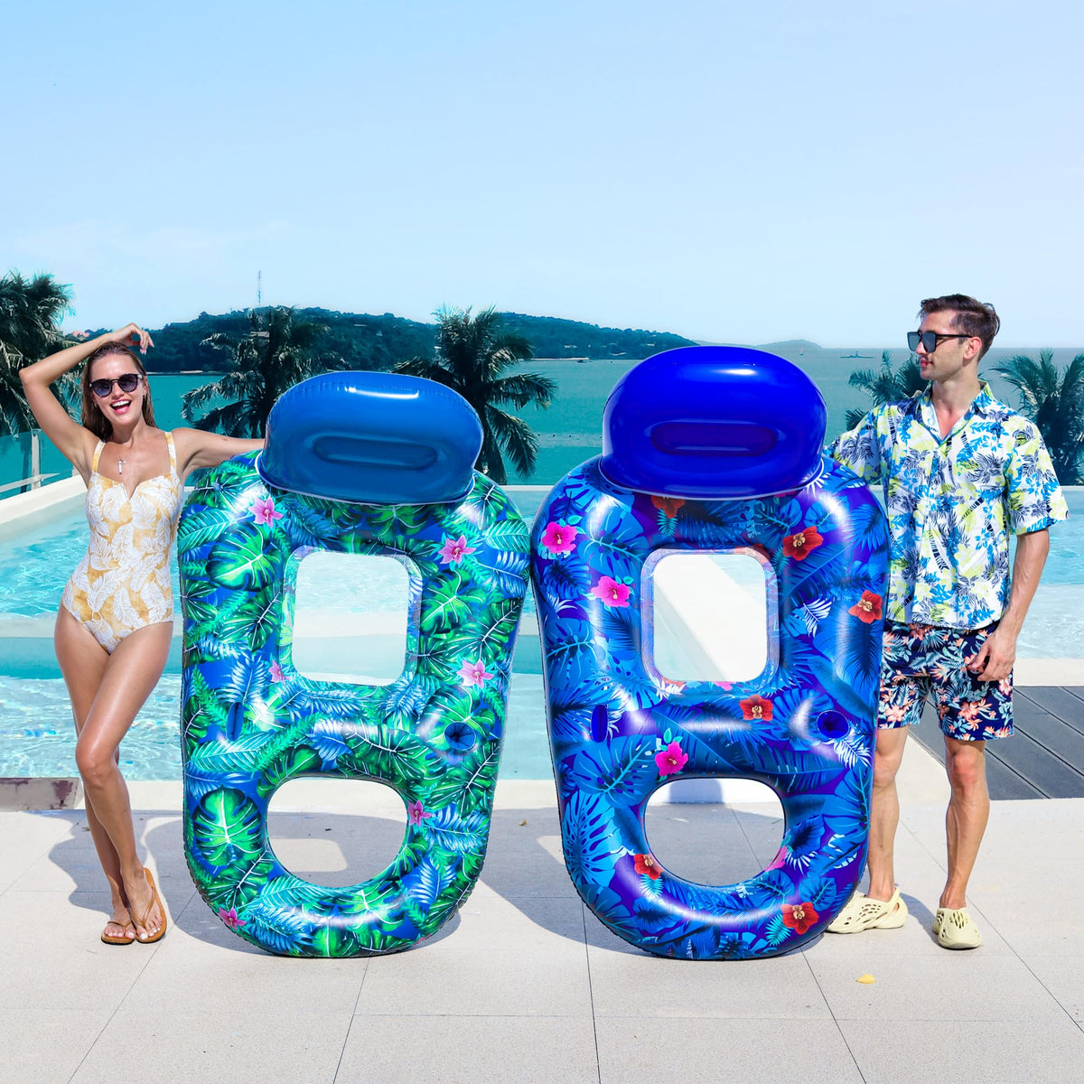 FindUWill inflatable loungers with cup holder for hands-free hydration.