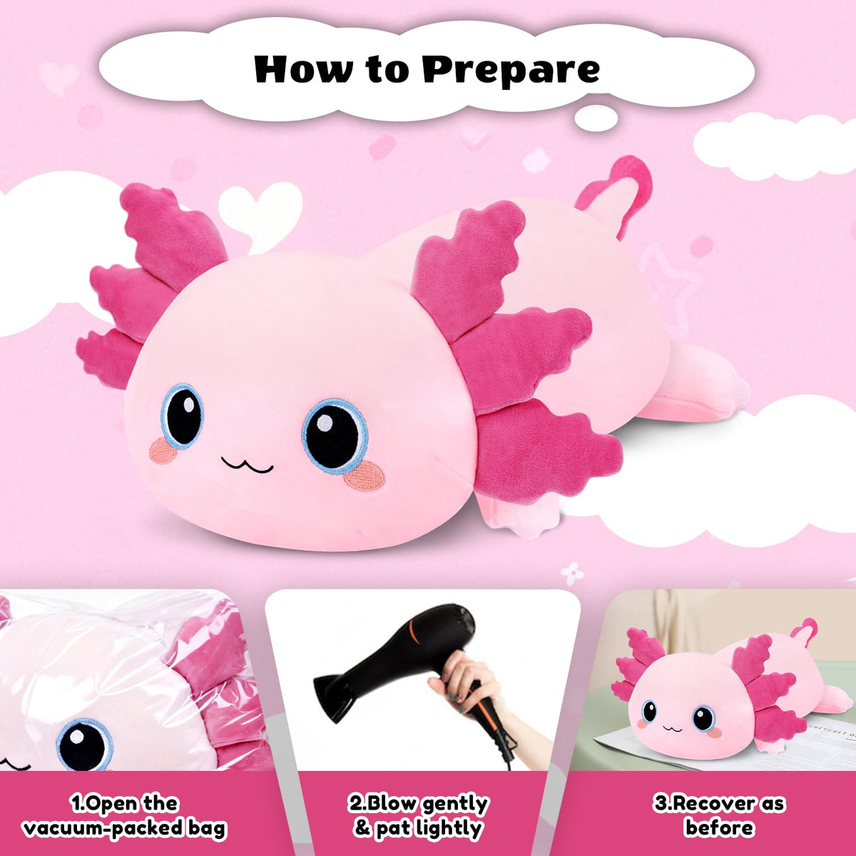 Finebee Axolotl Plush on Bed – cozy focal point for bedrooms.