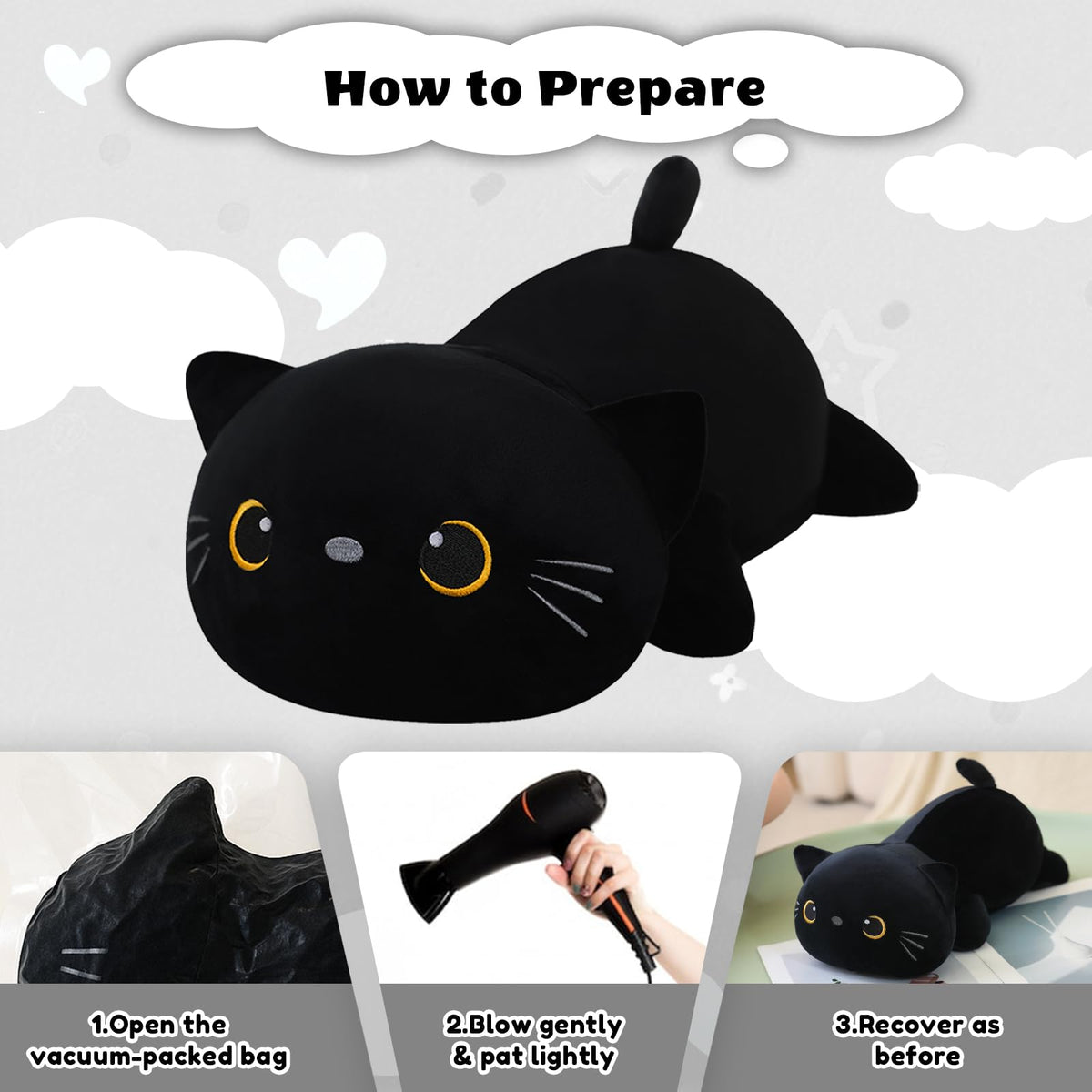 Finebee weighted black cat plush 23.6-inch size makes a soft decorative pillow.