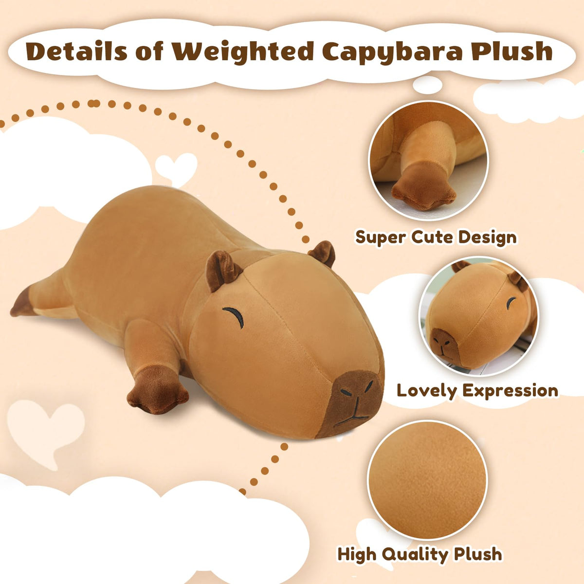 Finebee weighted capybara plush close-up shows durable stitching