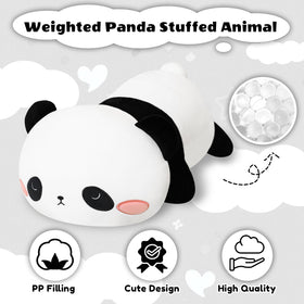Finebee weighted panda plush beside a book for relaxed reading.