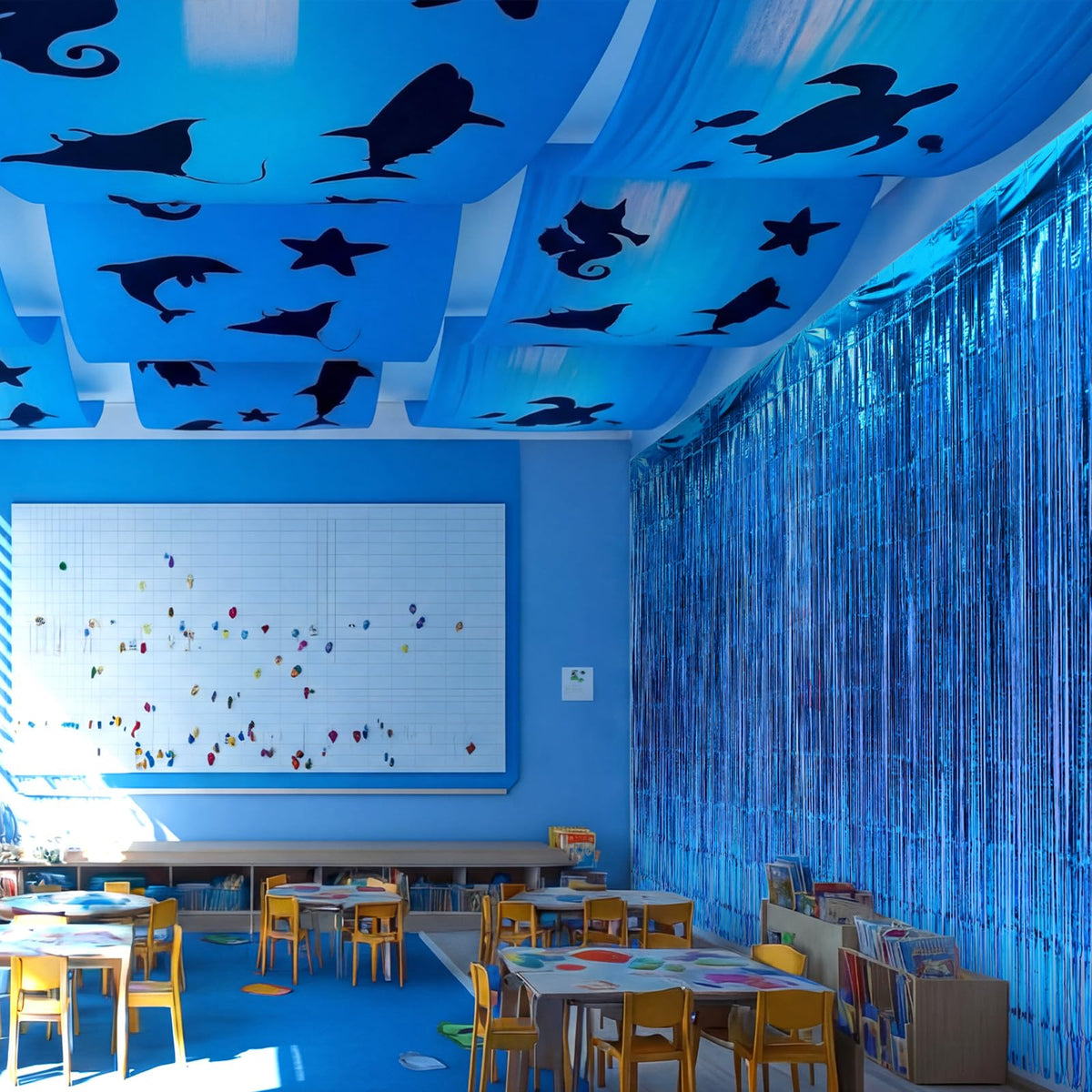 FineCheer blue foil fringe curtain adds sparkling accents for quick, eye-catching party decor.