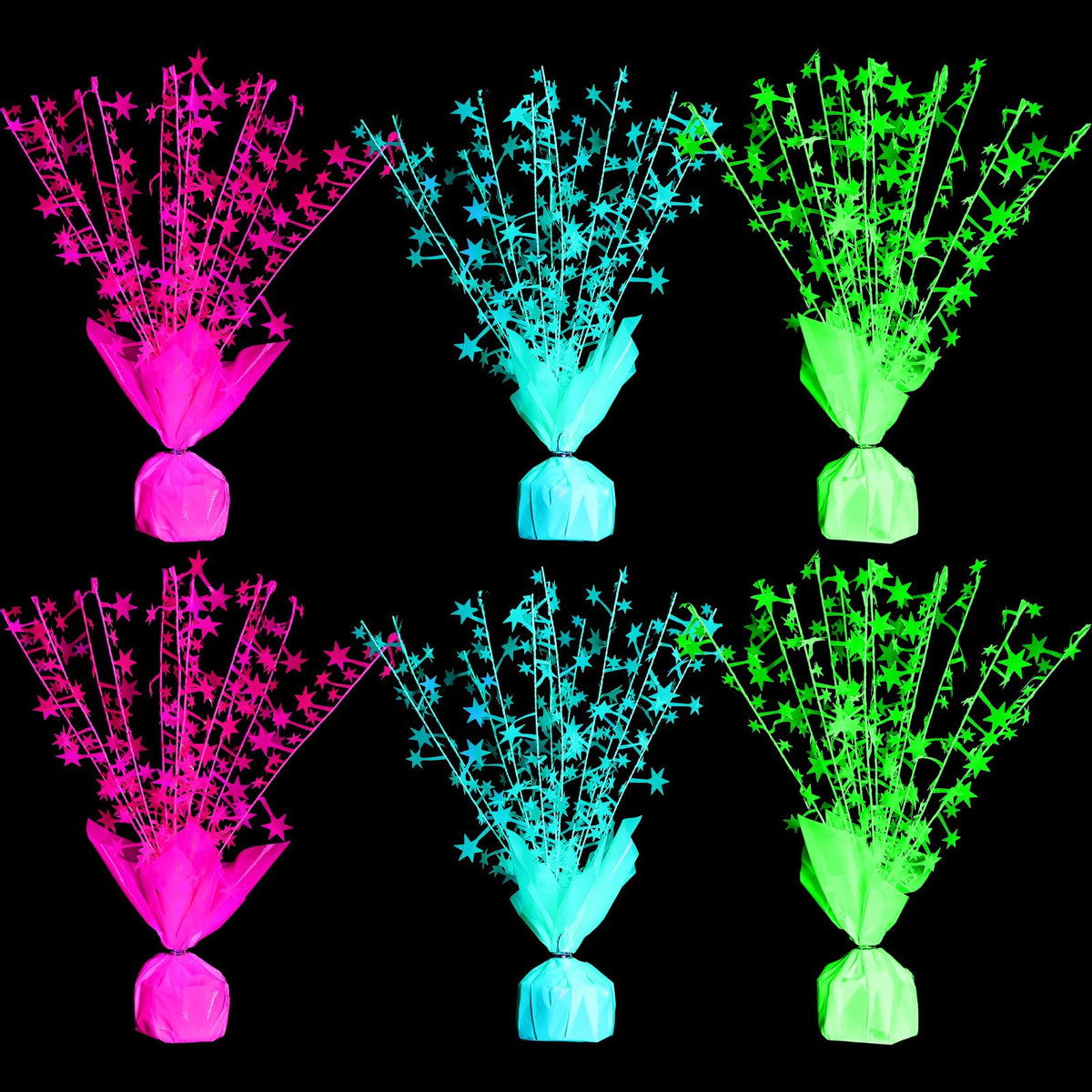 FineCheer neon star centerpiece glowing under UV light boosts party ambience.