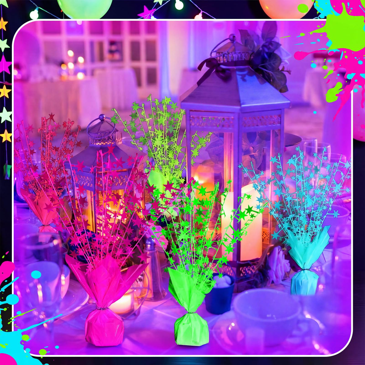 FineCheer glow neon star centerpiece ships as a 6-pack for versatile setups.