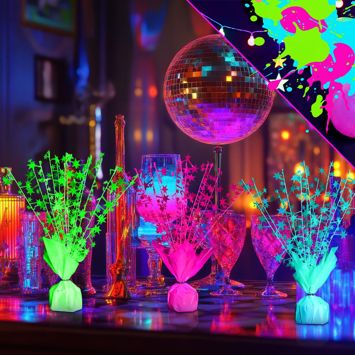 FineCheer fluorescence star centerpiece complements neon themes and celebrations.