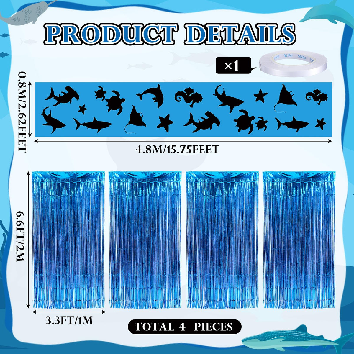 FineCheer ocean banner detail showcases sharks, turtles, and dolphins for immersive sea vibes.