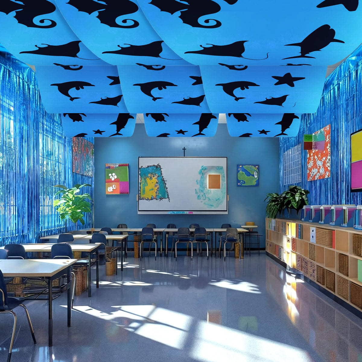 FineCheer sparkling blue rain curtain close-up highlights metallic shine and easy attachment.