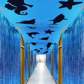 FineCheer Under the Sea ceiling decor backdrop transforms space into a marine-themed party setting.
