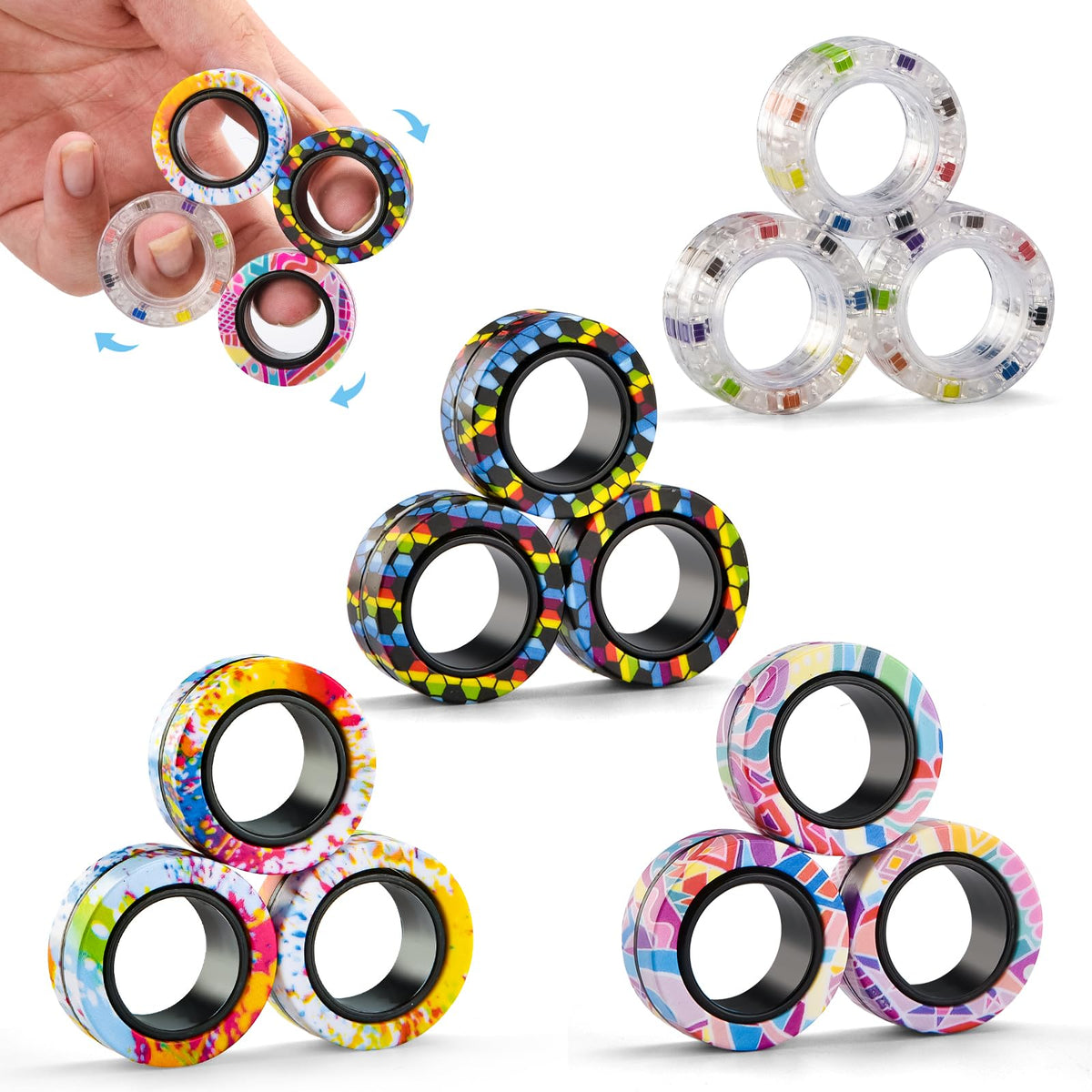 Finger Rock 12Pcs magnetic rings set for portable focus and anti-stress use.