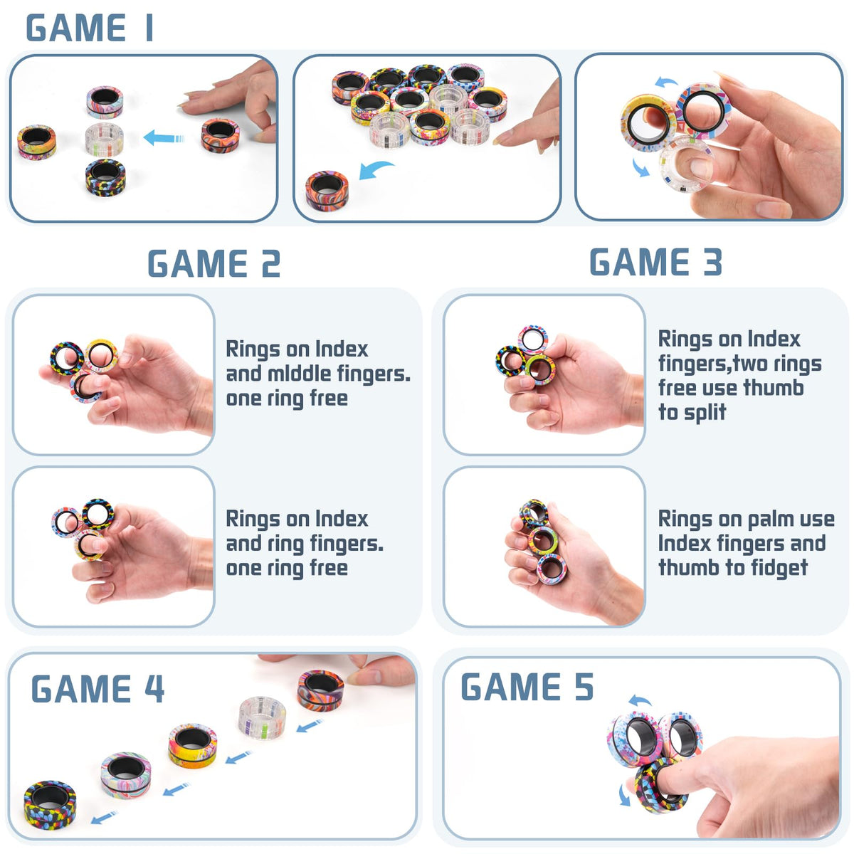Finger Rock magnetic fidget rings set, colorful metal rings for tactile play