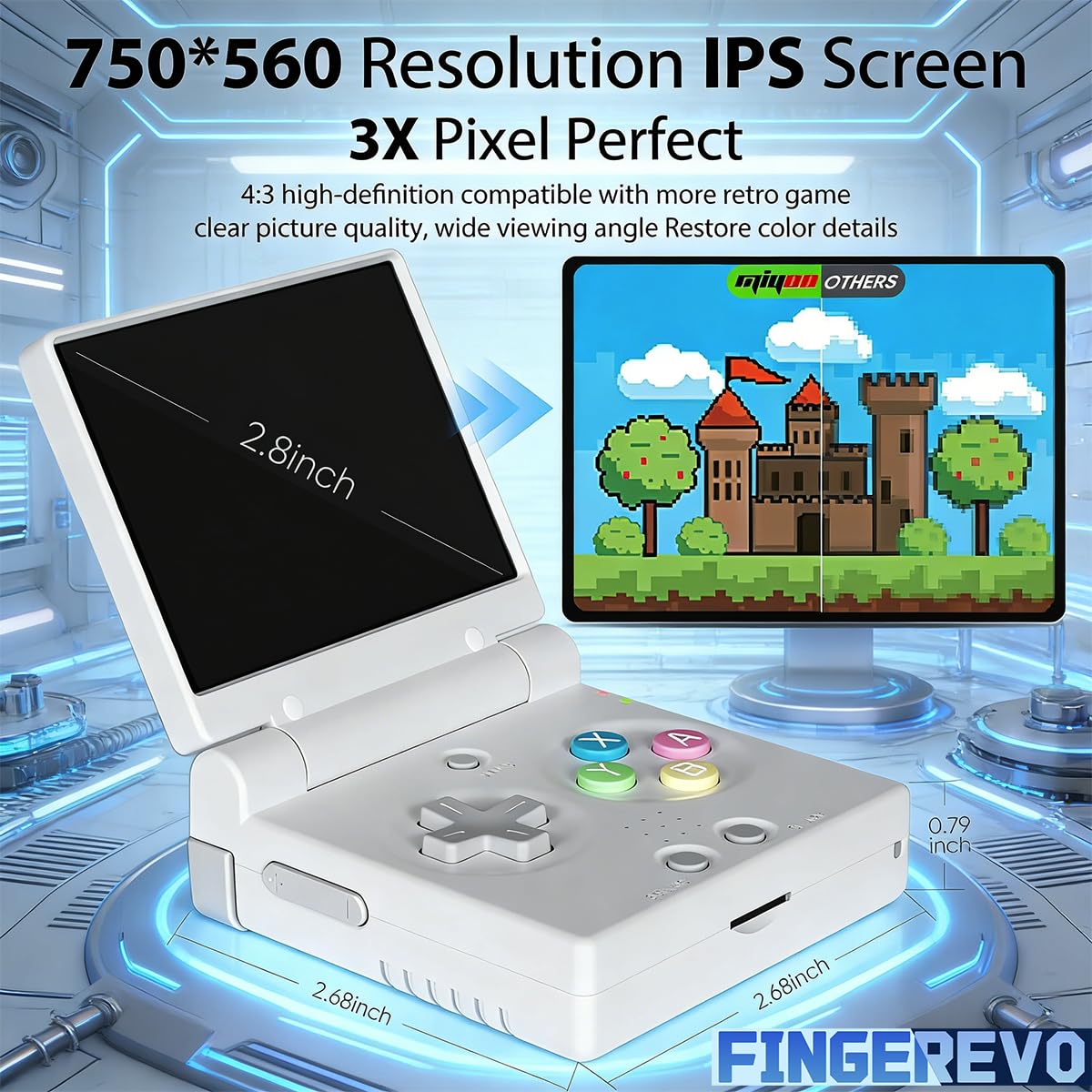 FINGEREVO Miyoo Mini Flip compact-dimensions fit easily in a pocket for on-the-go play