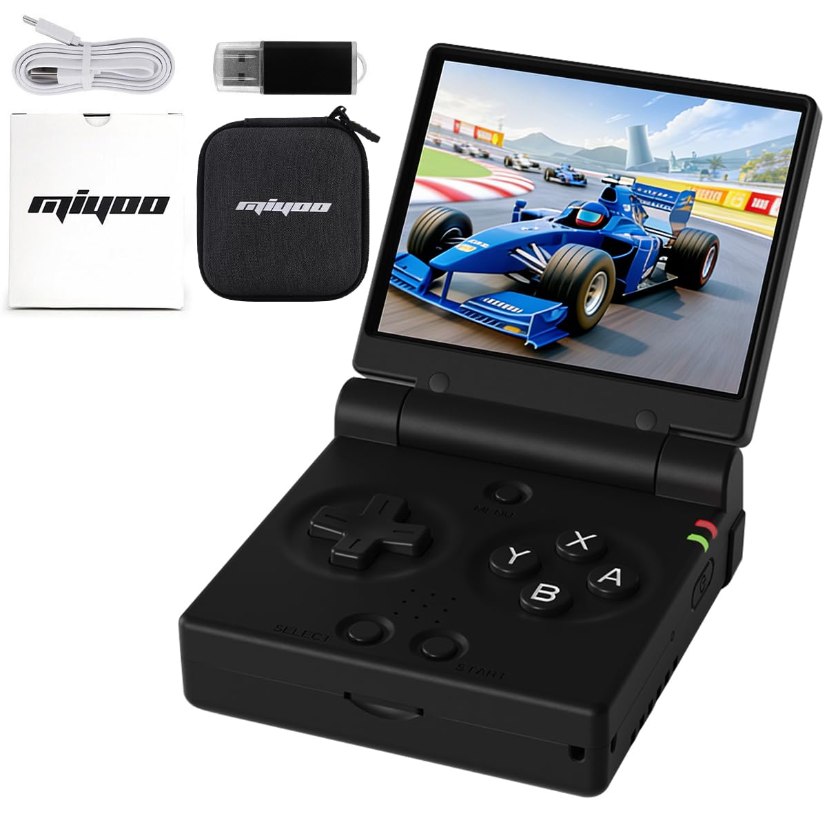 FINGEREVO Miyoo Mini Flip screen on a 2.8-inch IPS panel showing vivid colors for retro gaming