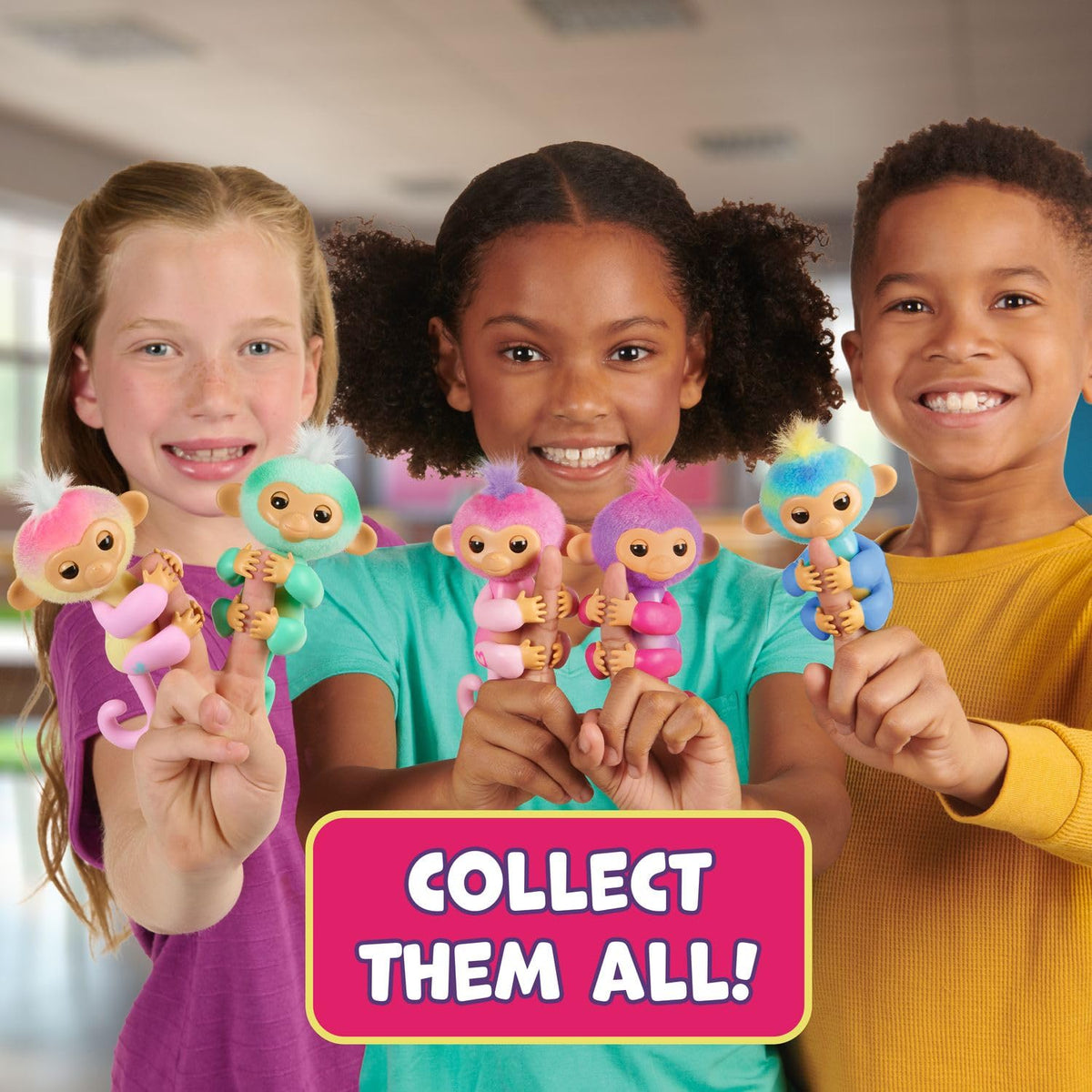 Fingerlings baby monkey tail pose shows desk or shelf companionship.