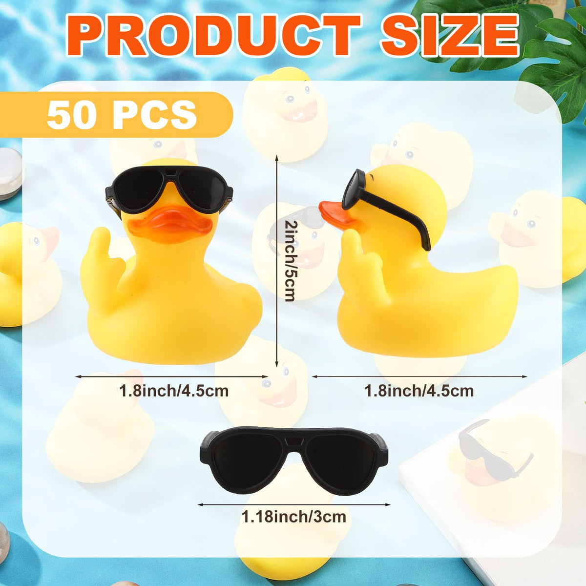 Fingertip WD rubber duck close-up shows soft texture and detachable sunglasses.