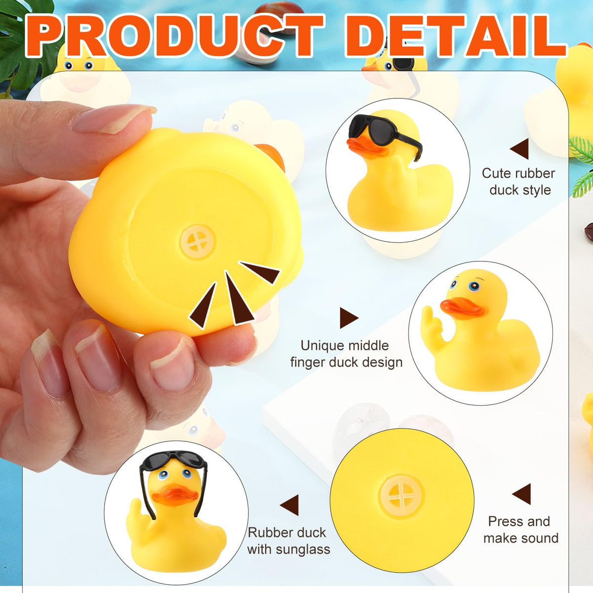 Fingertip WD squeaky rubber duck demonstrates buoyant bath play.