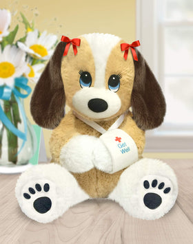 First and Main Melancholy Melanie plush with Get Well Soon bandage promotes cheer.