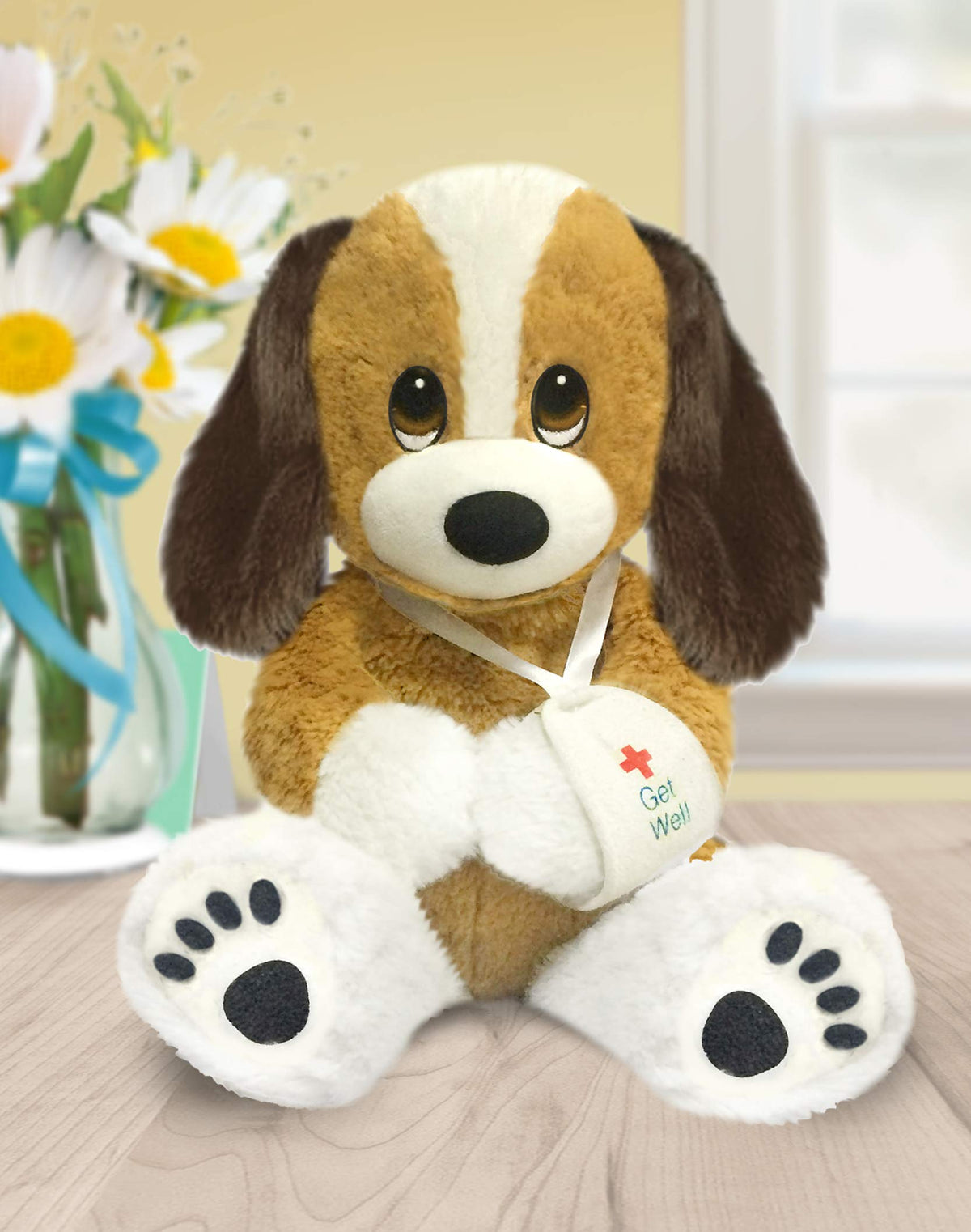 First and Main Melancholy Mel puppy with get well soon armband, comforting companion for little ones.