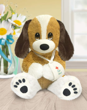 First and Main Melancholy Mel puppy with get well soon armband, comforting companion for little ones.