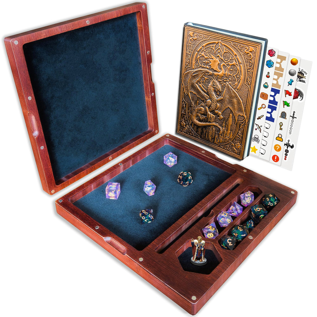 First Reign wooden DnD dice tray close-up showing rich wood grain and craftsmanship