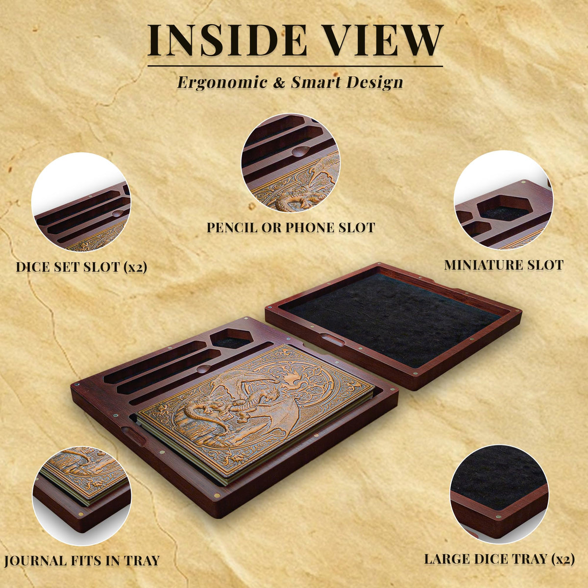 First Reign wooden DnD dice tray with separate dice compartments for organization