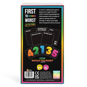 FIRST TO WORST After Dark game components highlight quick, social play for 2+ players.