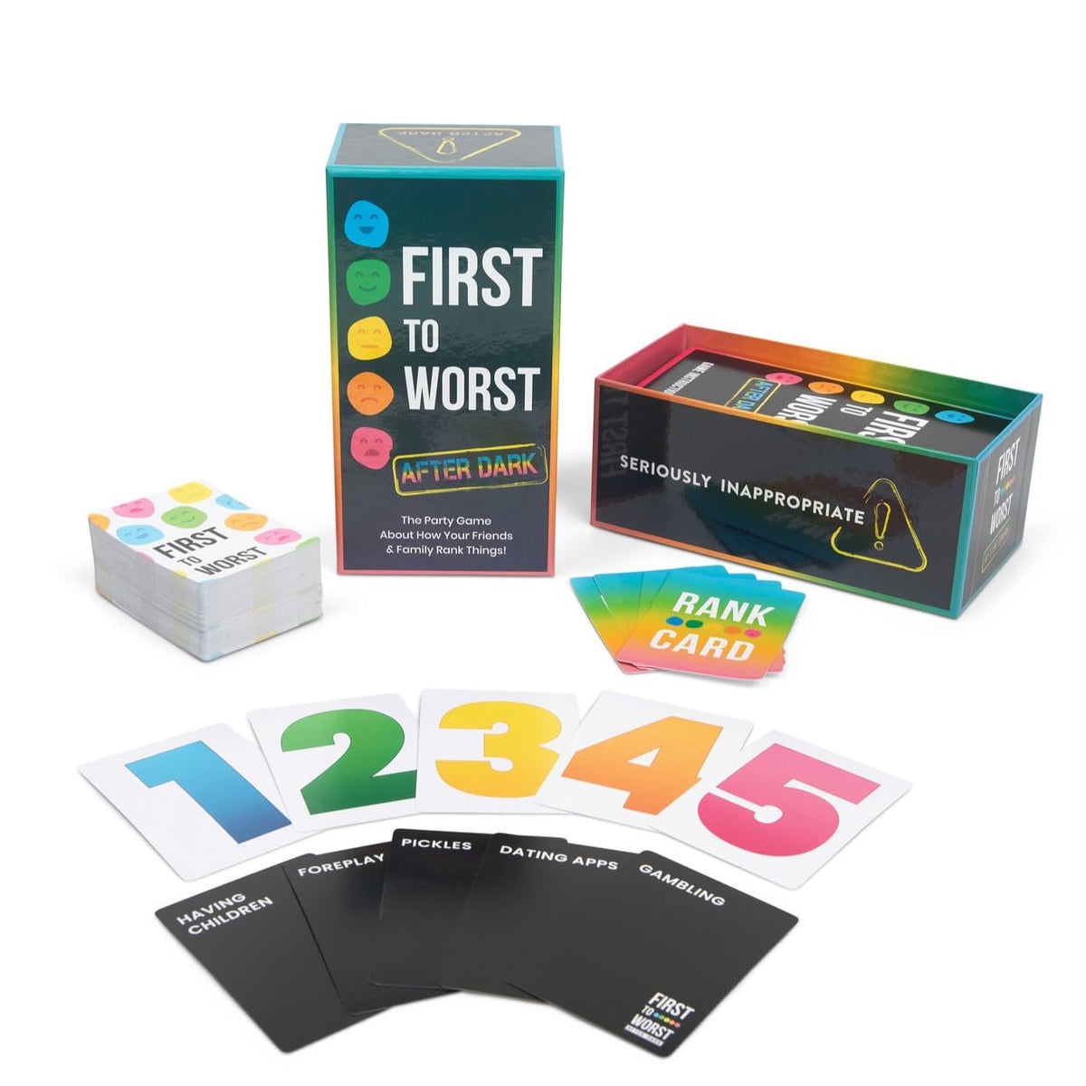FIRST TO WORST After Dark topic cards showcase conversation starters for engaging parties.
