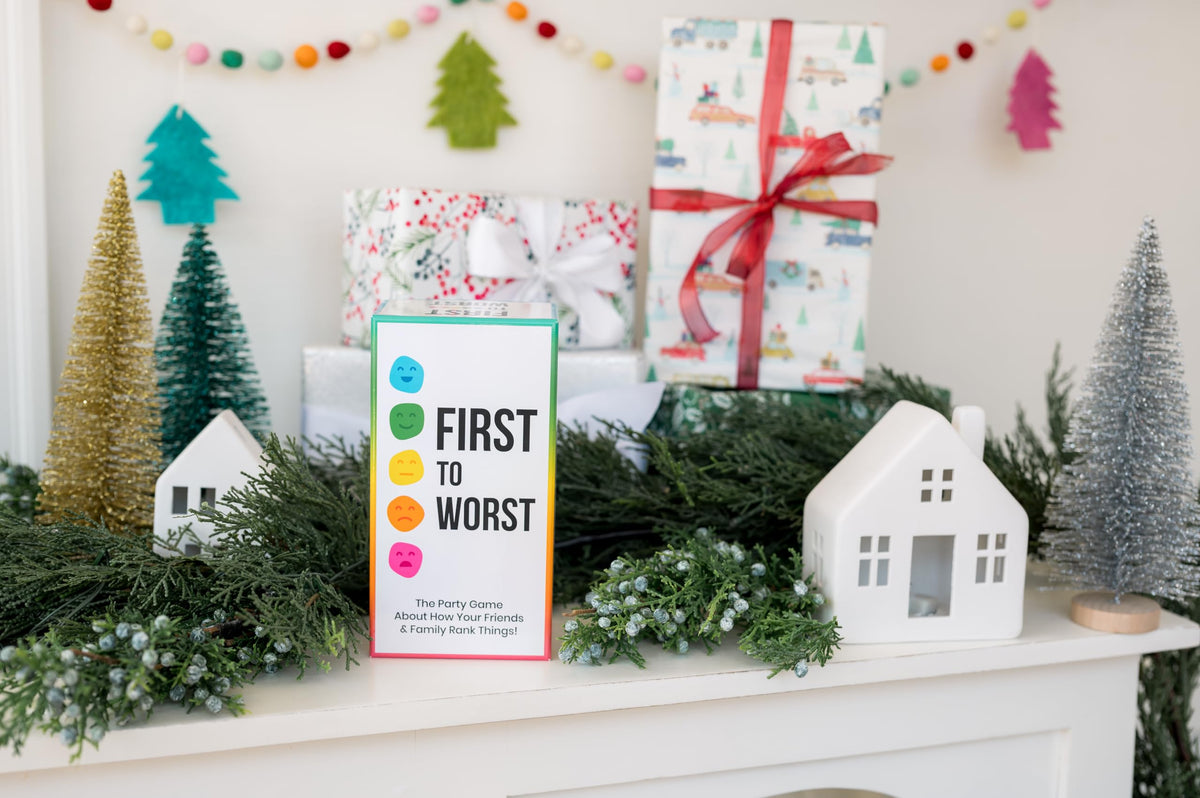 FIRST TO WORST topic cards spread encourages lively, humorous ranking.