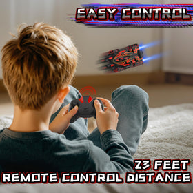 FirYawee Wall Climber RC Car with bright LED headlights lighting indoor play.