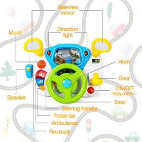 Fisca steering wheel toy’s cyclic road scene supports imaginative driving and situational awareness.