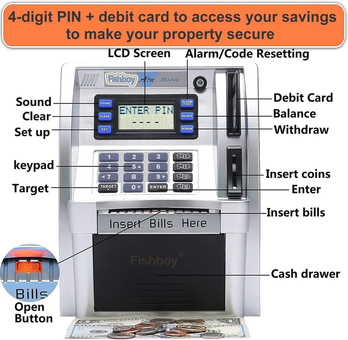 Fishboy ATM Piggy Bank banknote scroll deposits banknotes easily