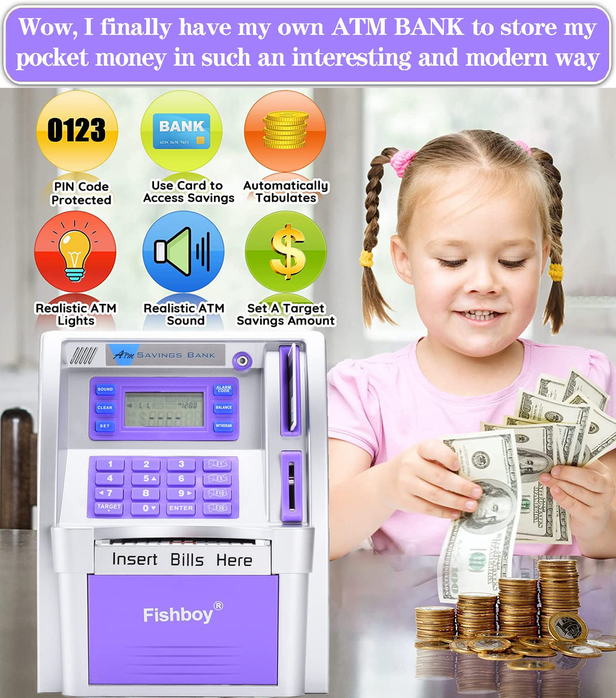 Fishboy ATM Piggy Bank banknote scroll enables smooth note deposits for kids.