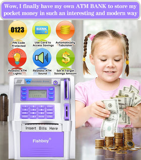 Fishboy ATM Piggy Bank banknote scroll enables smooth note deposits for kids.
