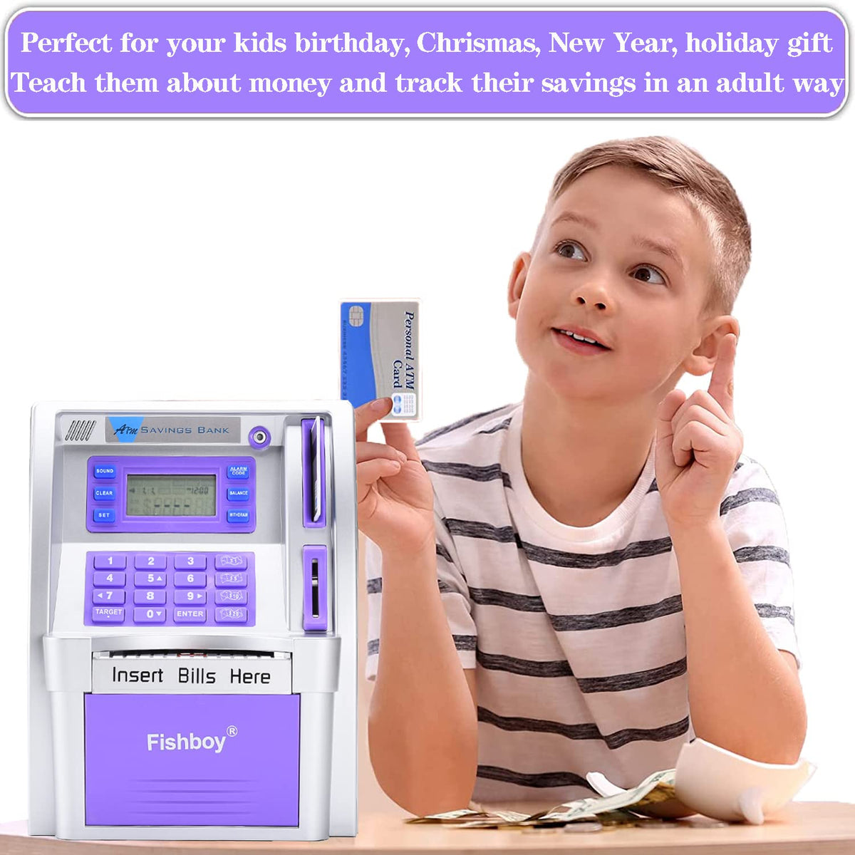 Fishboy ATM Piggy Bank coin recognition shows each coin deposited for clarity.
