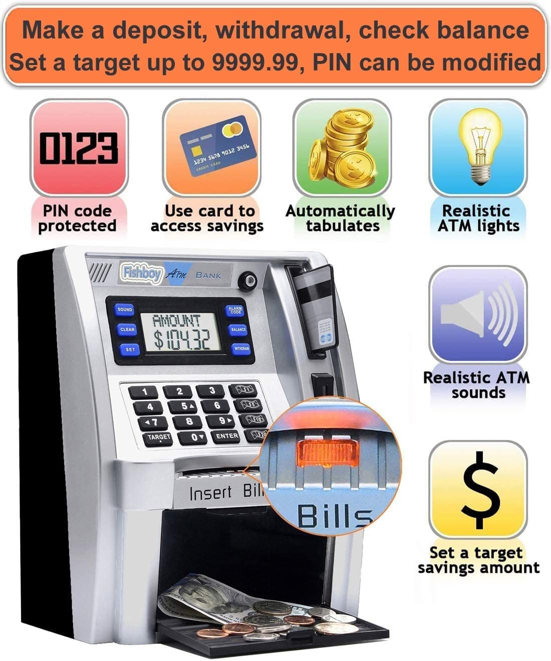 Fishboy ATM Piggy Bank debit card in use with real money access