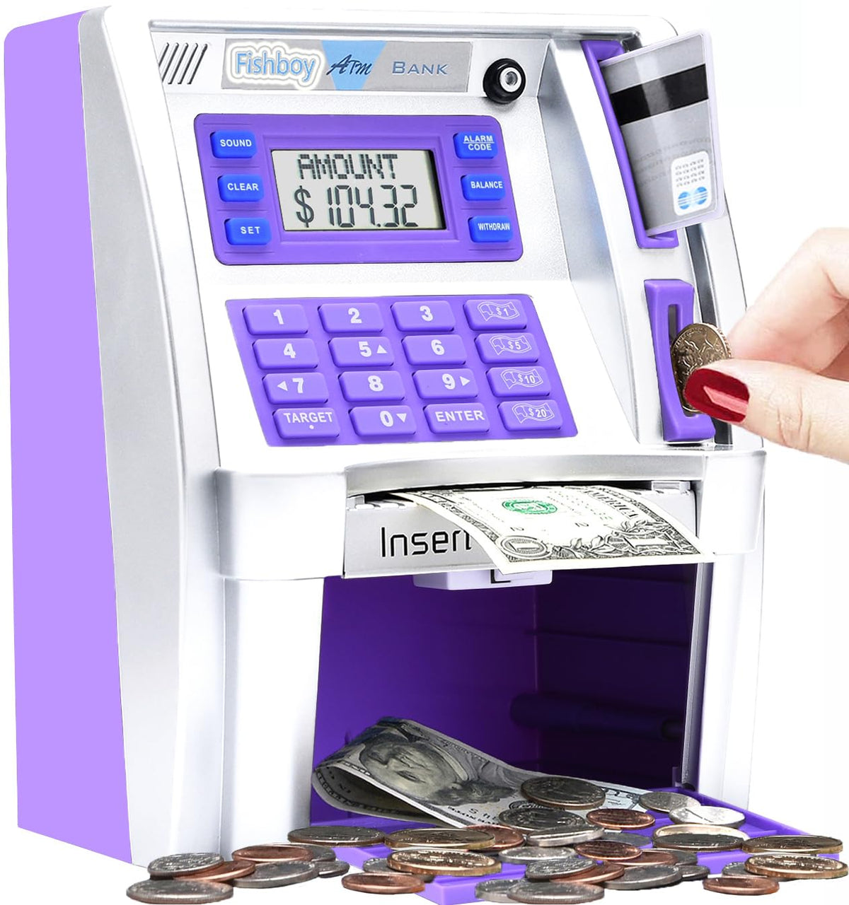 Fishboy ATM Piggy Bank deposits coins automatically to help kids track savings.