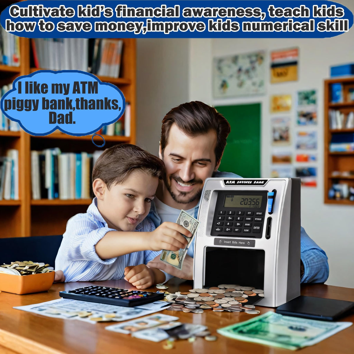 Fishboy ATM piggy bank displays dual debit cards for secure access.