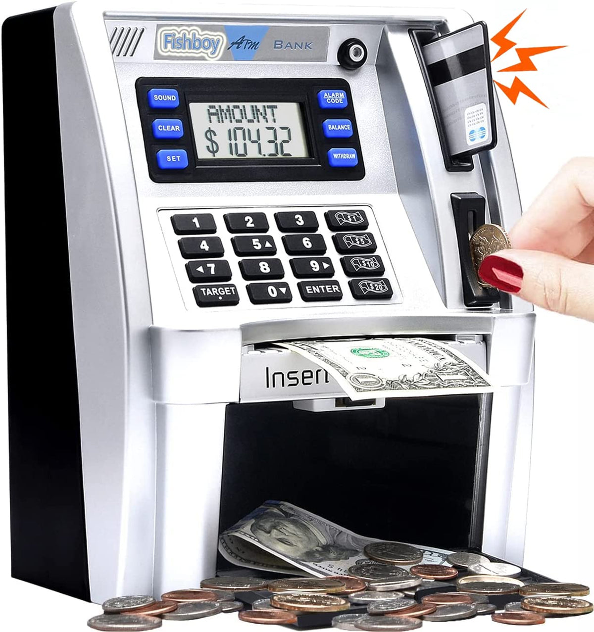 Fishboy ATM Piggy Bank front view shows kid-friendly deposits and design