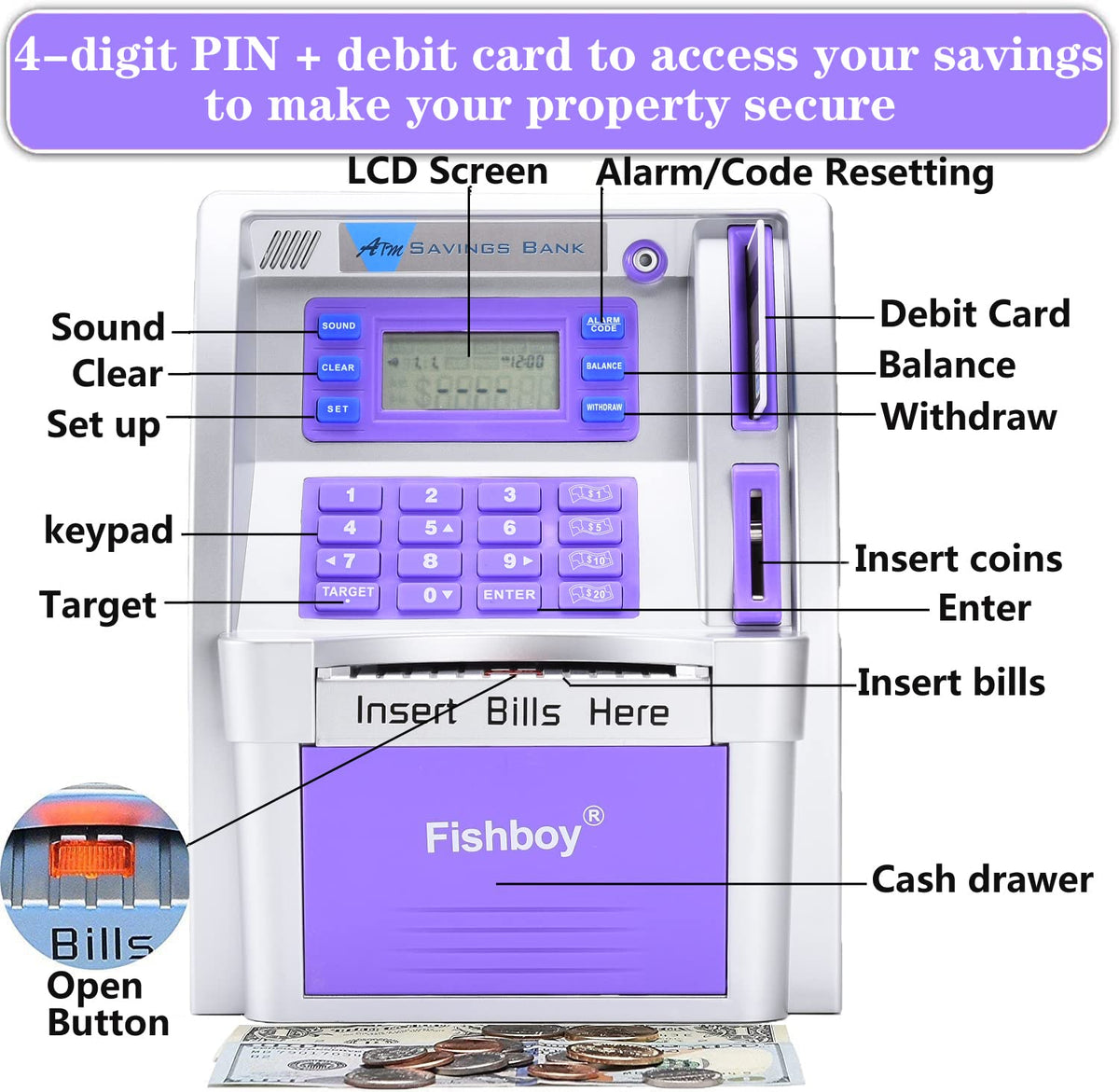 Fishboy ATM Piggy Bank power-off memory preserves data when replacing batteries.