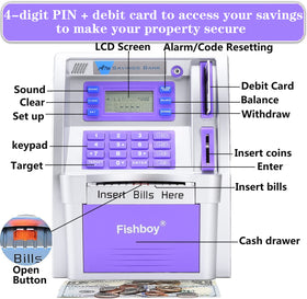 Fishboy ATM Piggy Bank power-off memory preserves data when replacing batteries.