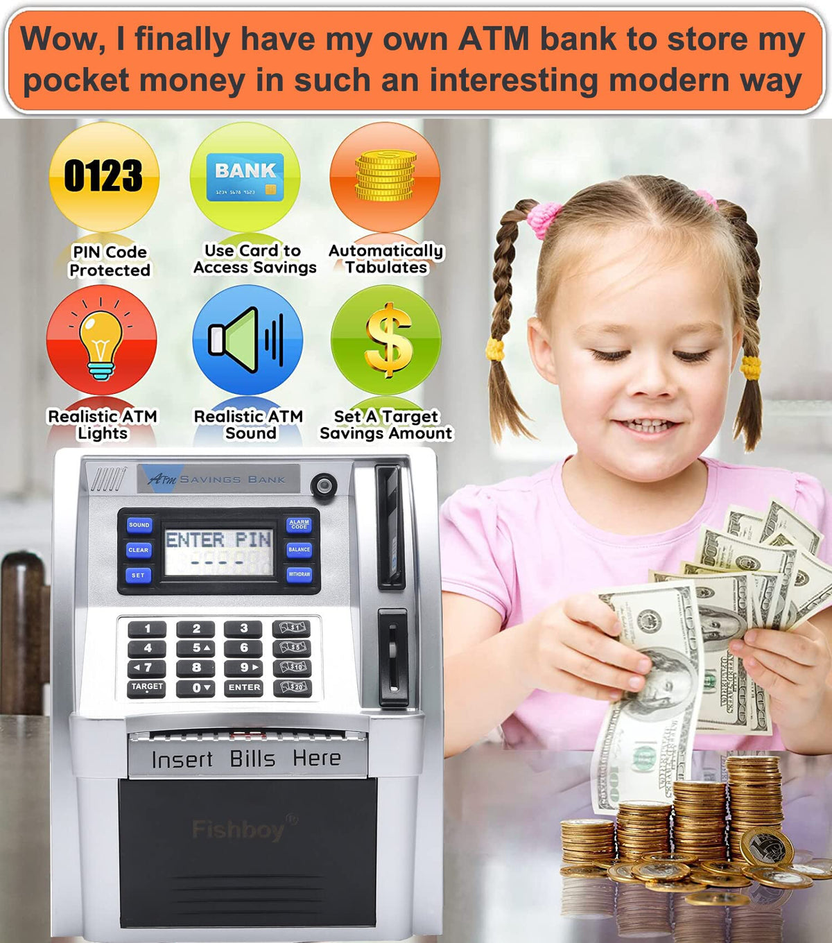 Fishboy ATM Piggy Bank savings goal display tracks progress