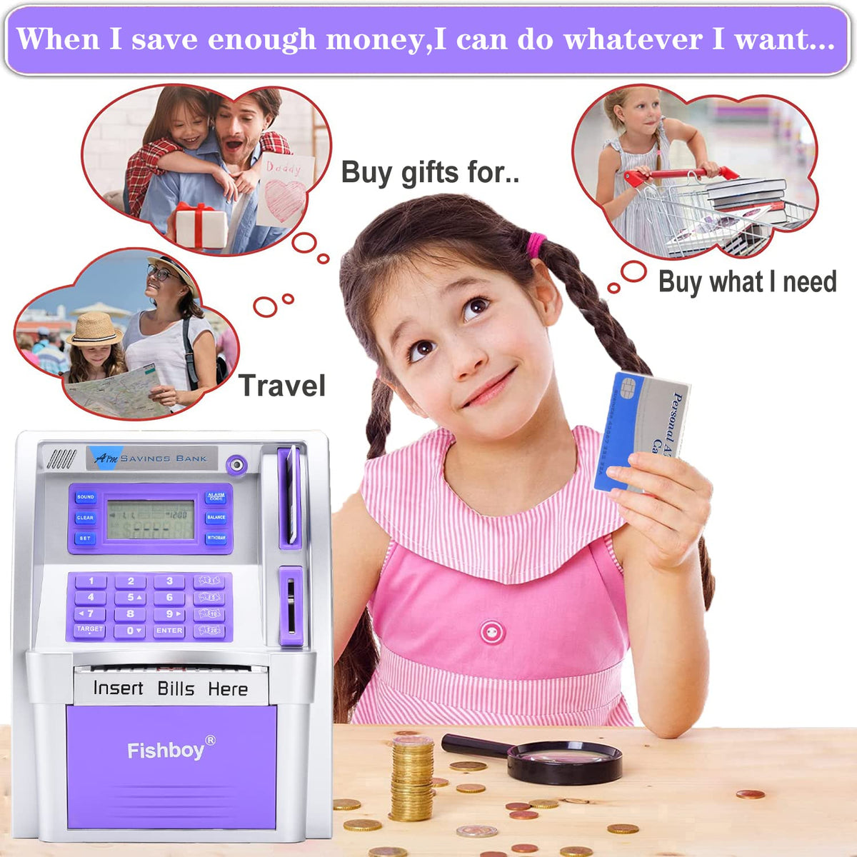 Fishboy ATM Piggy Bank savings goal up to 9999.99 motivates progress.