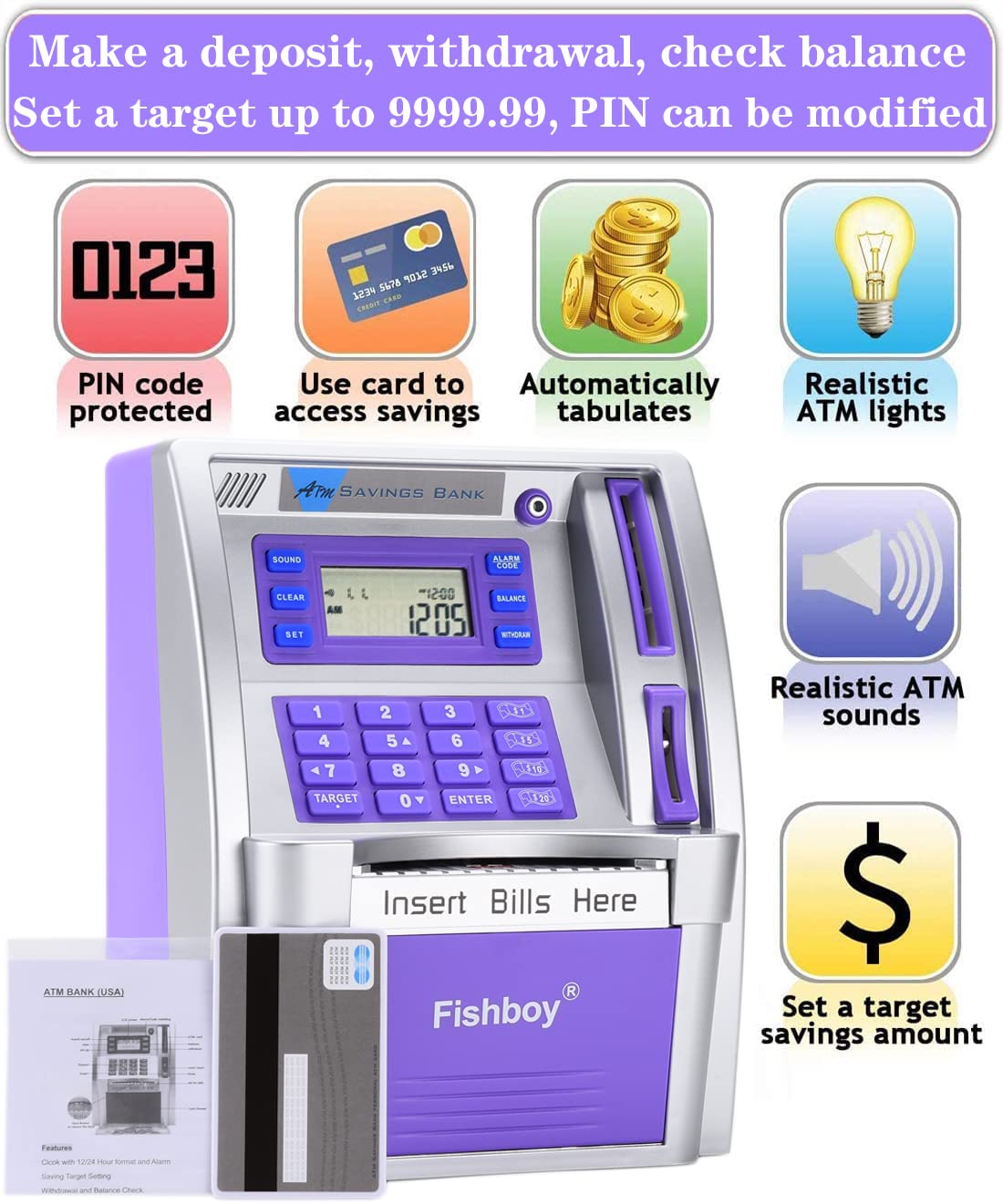 Fishboy ATM Piggy Bank withdrawal with debit card and PIN demonstrates practical spending control.