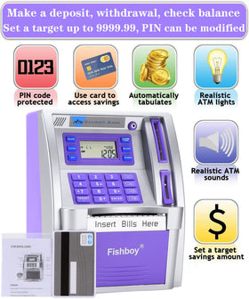 Fishboy ATM Piggy Bank withdrawal with debit card and PIN demonstrates practical spending control.