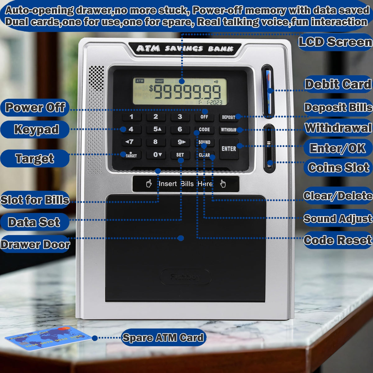Fishboy large-capacity piggy bank stores coins and notes for long-term savings.
